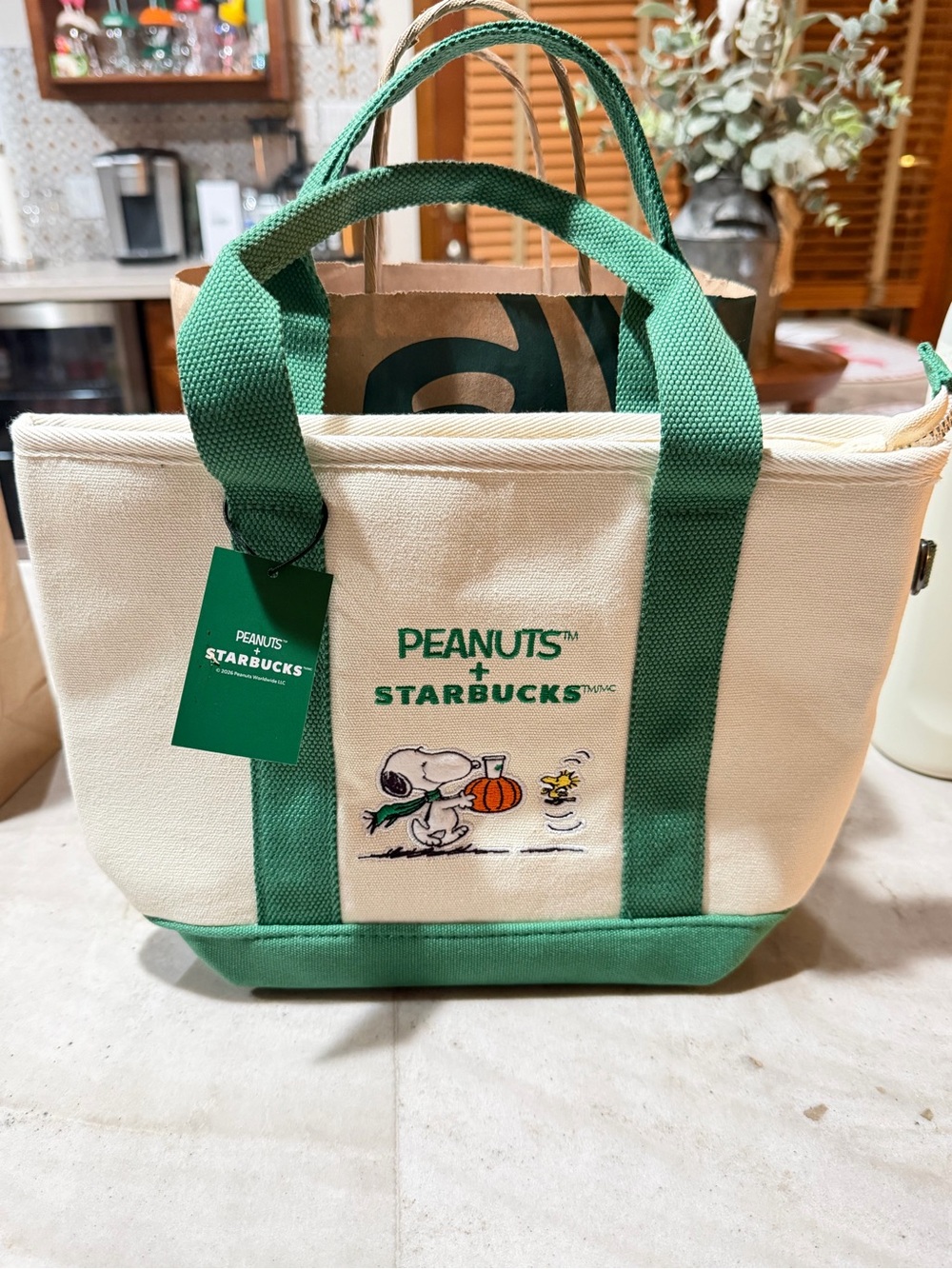 Starbucks Peanuts Green & Cream Canvas Tote